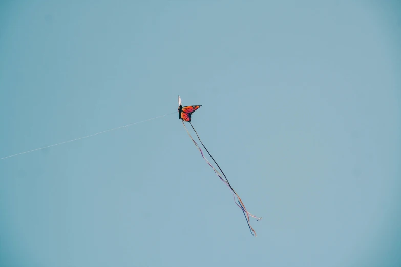 the kite is flying high up in the air