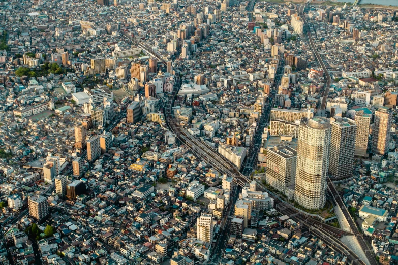 an aerial view of city skyline in urban setting