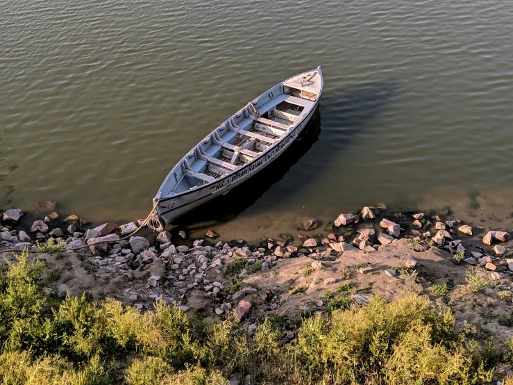 a boat on the shore near some trees