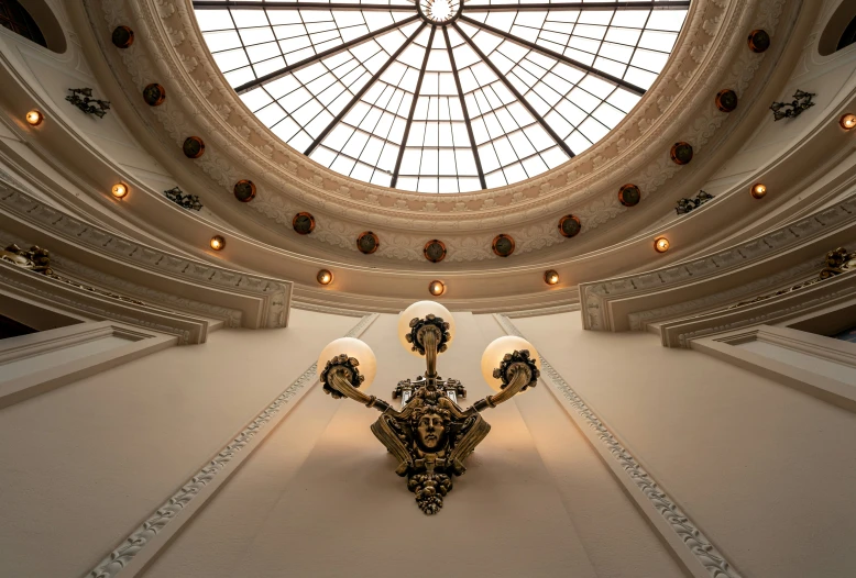 an elaborate building ceiling with a glass dome