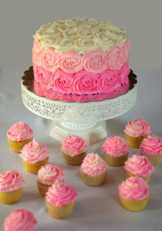 a pink and white cake next to eight cupcakes