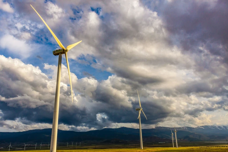 wind turbines in a field with mountains in the distance