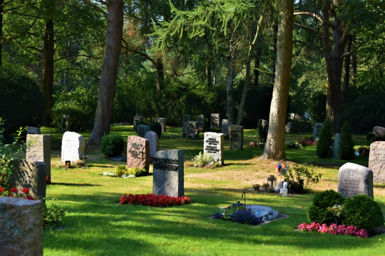 a cemetery with headstones in the middle of the grass