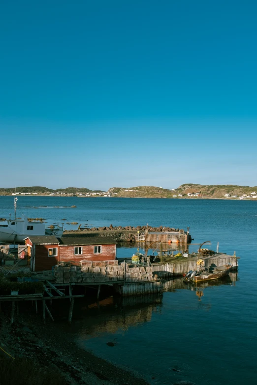 several buildings on dock in the middle of a body of water