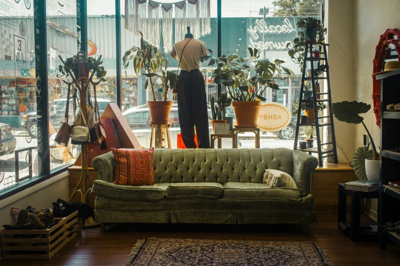 a room with a couch, lamps, pictures and plants in it