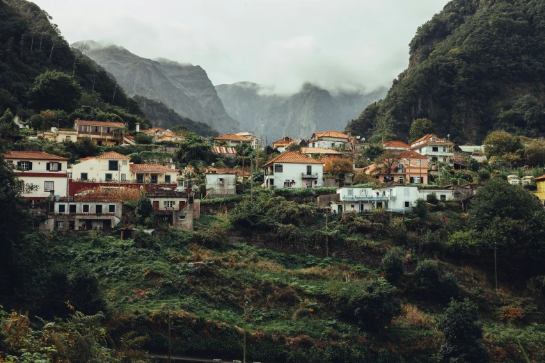 the mountain is full of village buildings