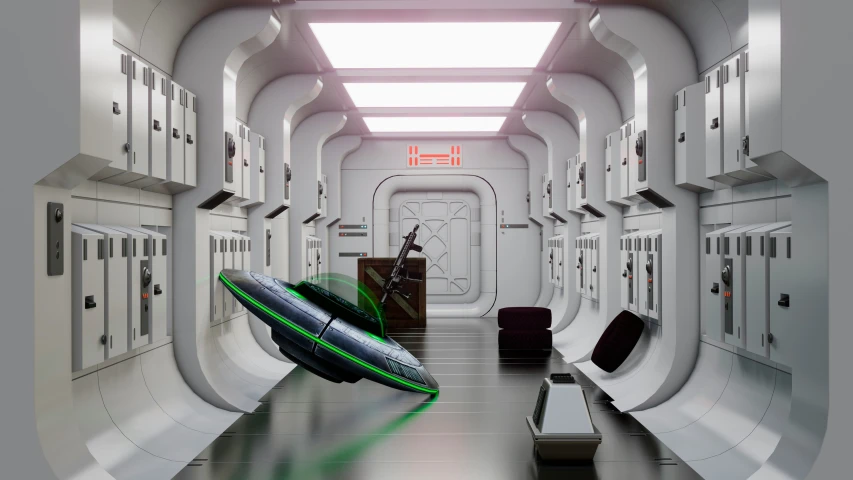 a futuristic looking hallway has a bunch of cupboards