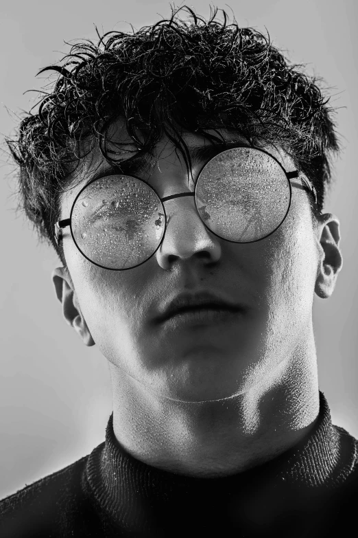 a young man with glasses and messy hair, black and white