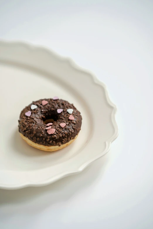 a chocolate frosted doughnut sitting on a white plate
