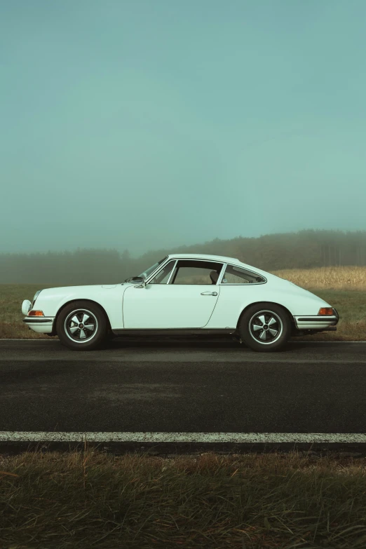 a white car on the side of the road in the fog