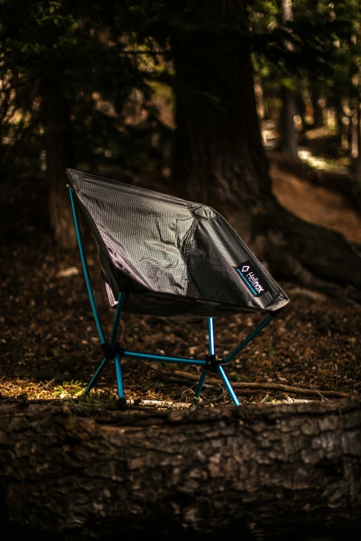 a metal chair in the forest with trees