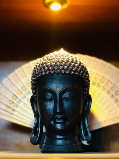 there is a buddha statue with a fan in the background