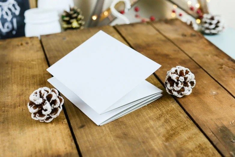 several paper with pine cones on wooden table