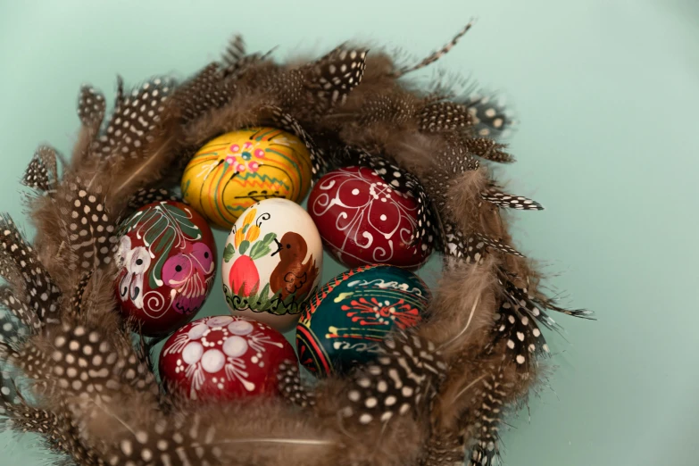 eggs are in a nest with feathers around them