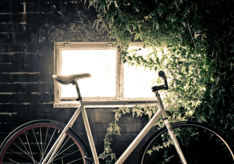 a bike is parked by the window in the room