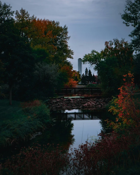 an evening view of the river, trees, and the bridge in the foreground