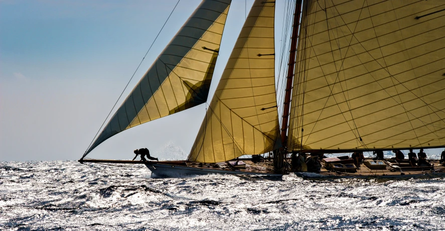 a group of sailboats ride together on rough waves