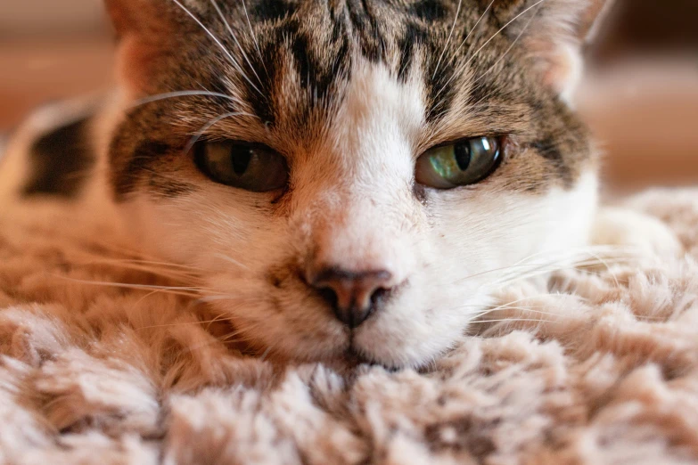 a cat with long hair lays on a rug