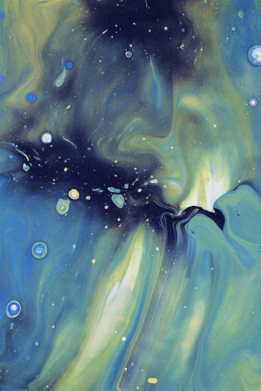 an abstract painting with blue green and gold liquid drops