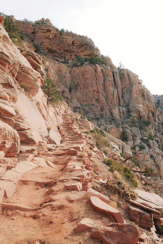 the steep trail goes down the mountain side