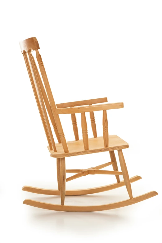 a wooden rocking chair with wooden seat and back legs