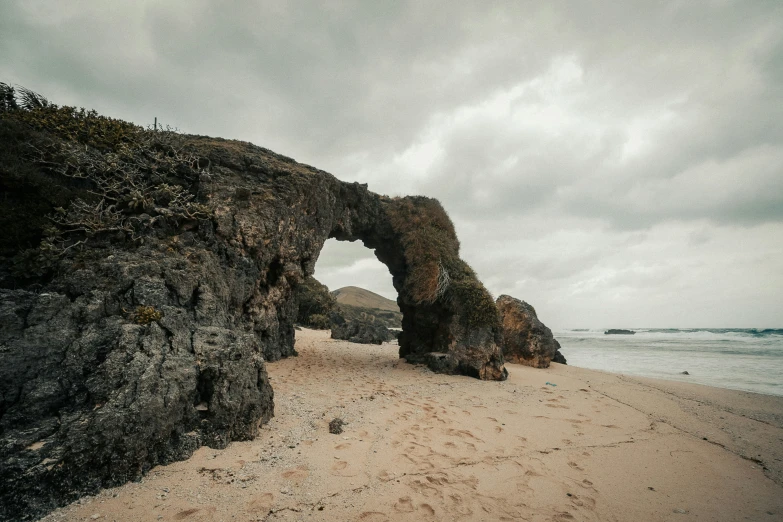 a sandy beach with some rocks on it