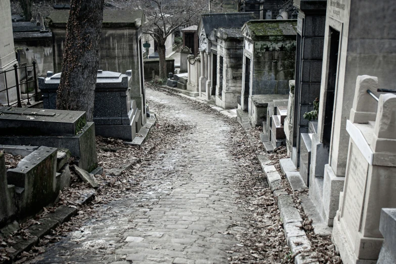 an old, stone road going through a cemetery