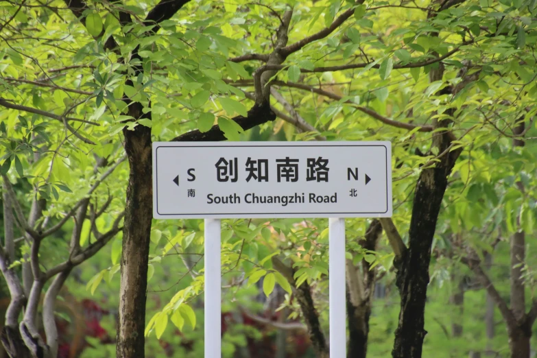 a street sign on the street in an asian city