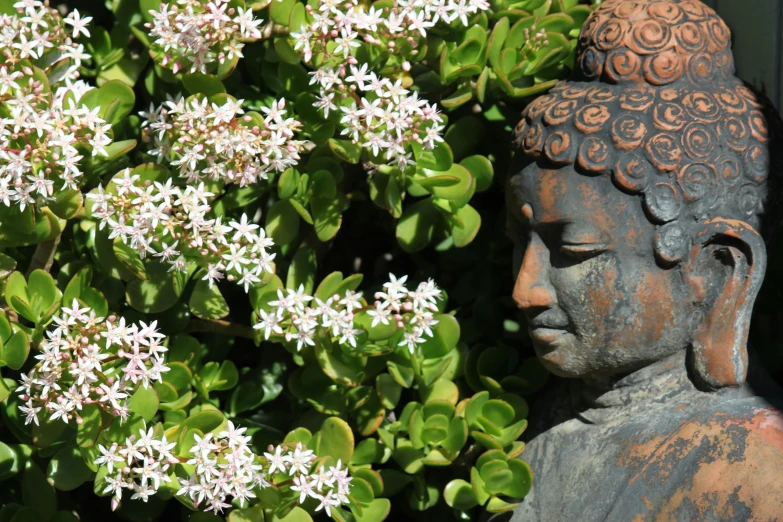 a stone statue next to some pretty flowers