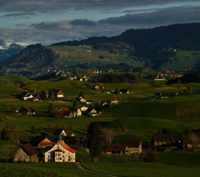 a large, green field with small houses on it