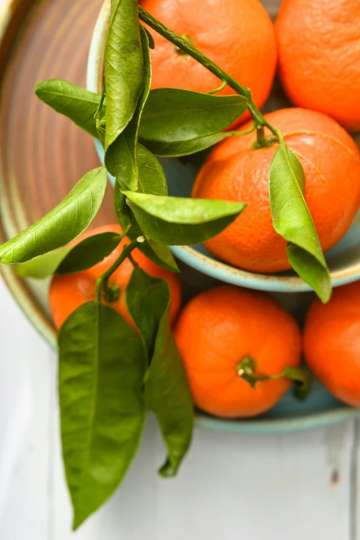 a close up of oranges in a bowl with leaves