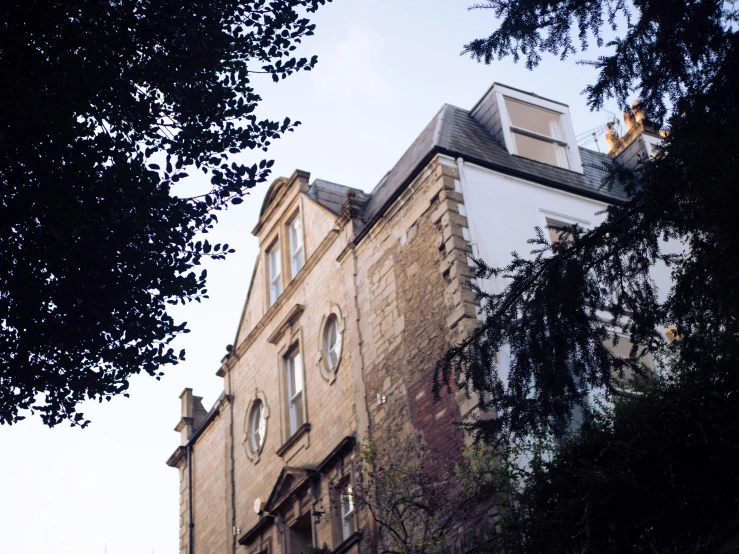 a building with tall windows and windows next to trees