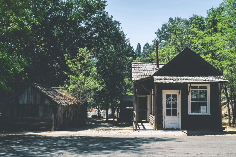 an old wooden shack in a forest setting