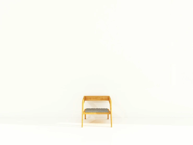 an empty small yellow wooden chair against a white background