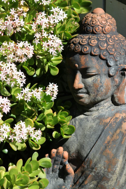 a statue that looks like a buddha is near some plants