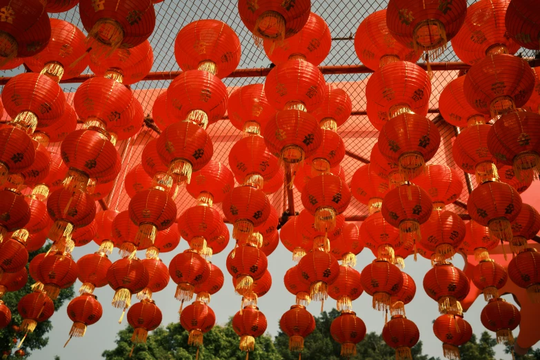 many red lanterns are hanging from the ceiling