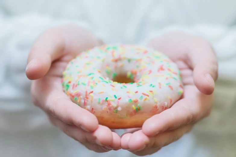 hands holding donut with sprinkles in hand