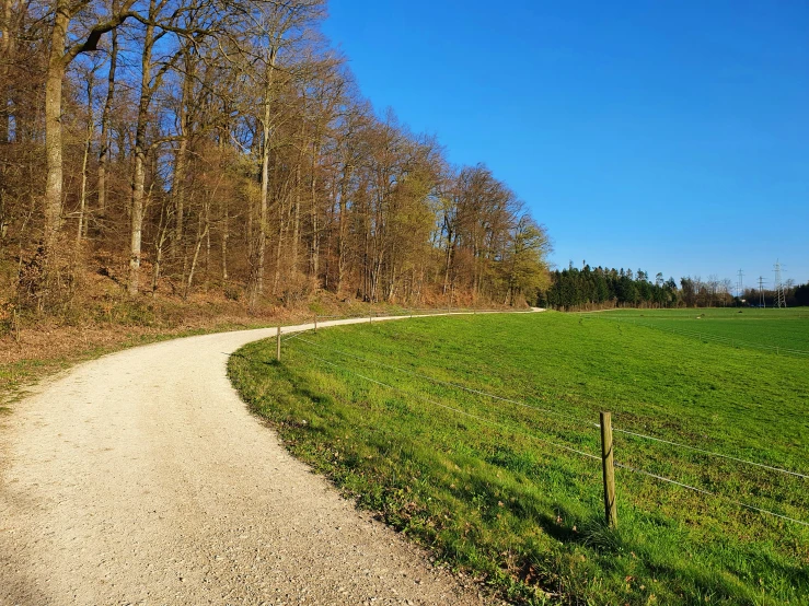 the road is winding along the edge of the field