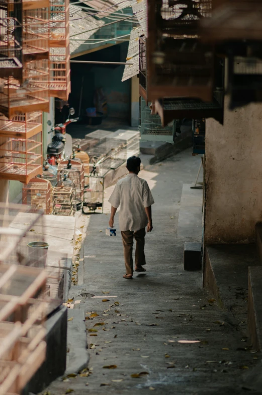 a man walking down the street next to an animal carrier