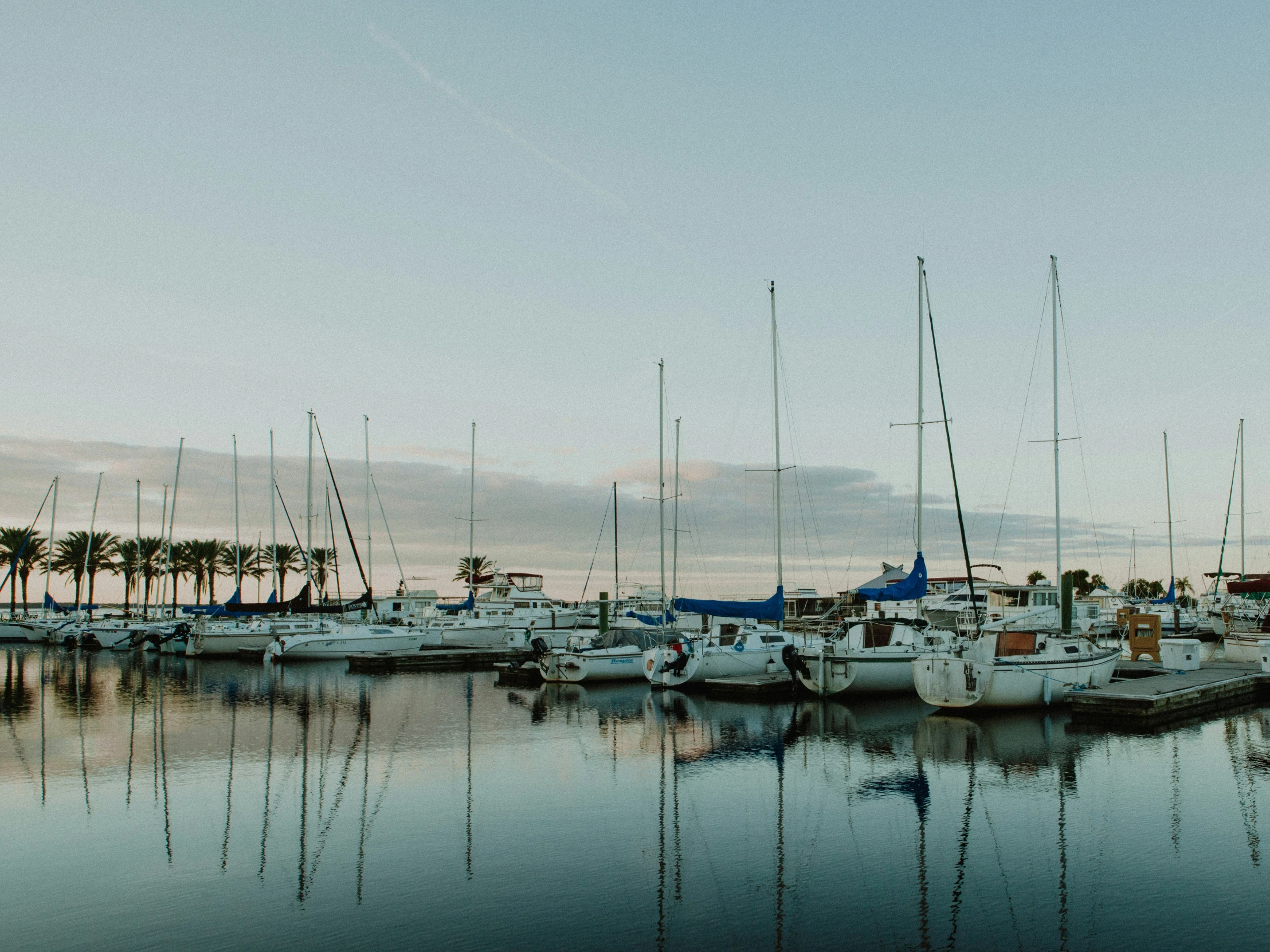 several boats docked at a marina on the lake