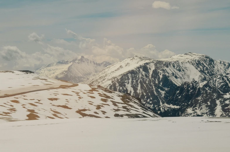 a mountain range with snow covered mountains in the background