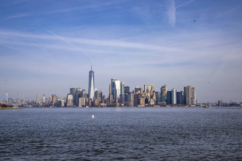 the large body of water is near the city skyline