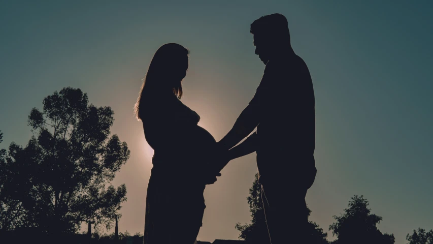 two people in silhouette holding hands as the sun goes down