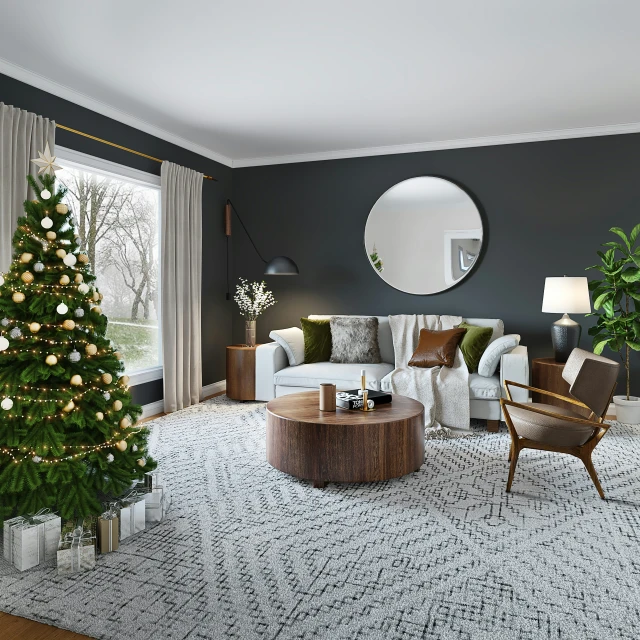 a living room with grey walls and a christmas tree