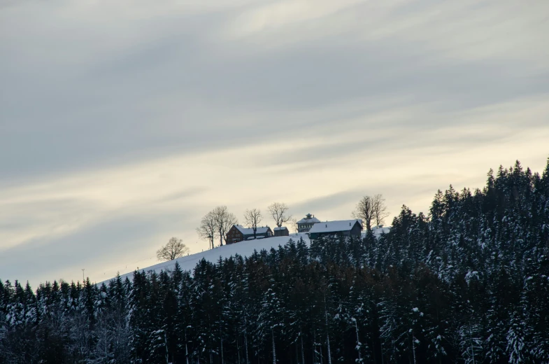 snowy landscape with mountains and trees under clouds