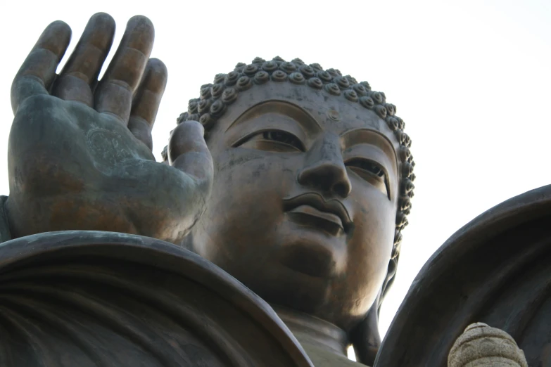 closeup of a buddha statue holding its hand up