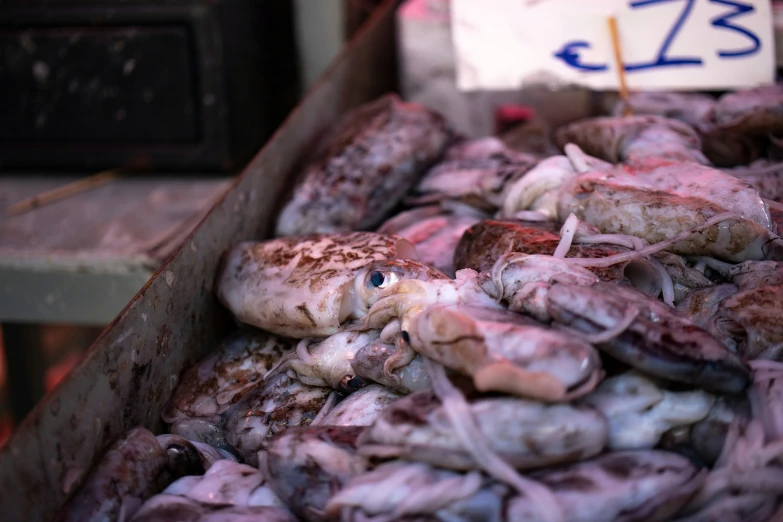 some pieces of meat are in a crate