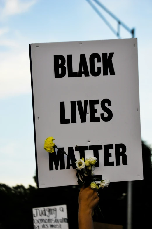 a black lives matter sign held by a person holding flowers