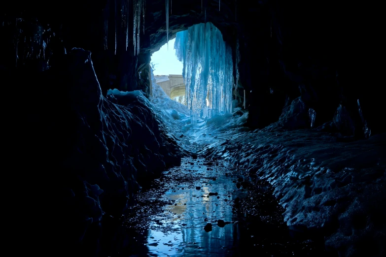 a narrow passage of ice formations and icy water