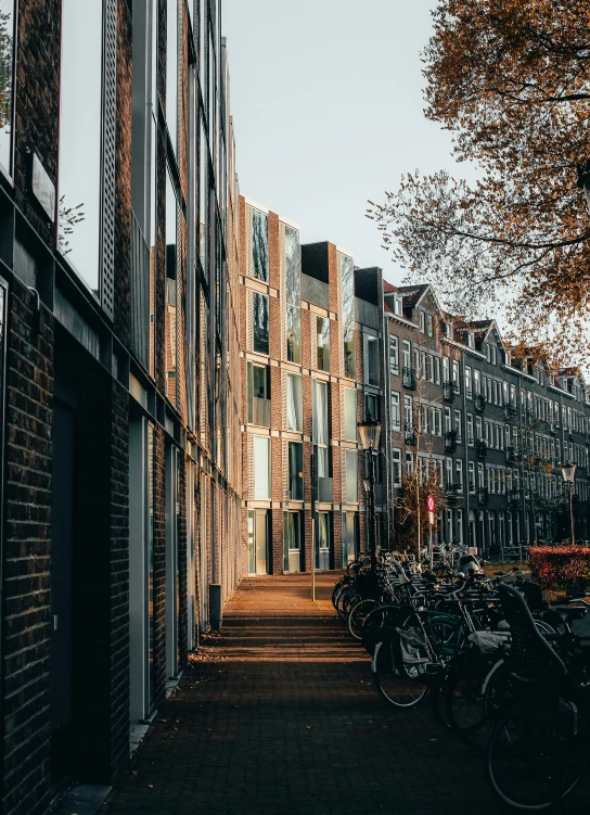 a brick pathway lined with bicycles next to tall building